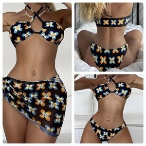 3pc Floral Criss Cross Halter Bikini Set with Sarong Cover Up